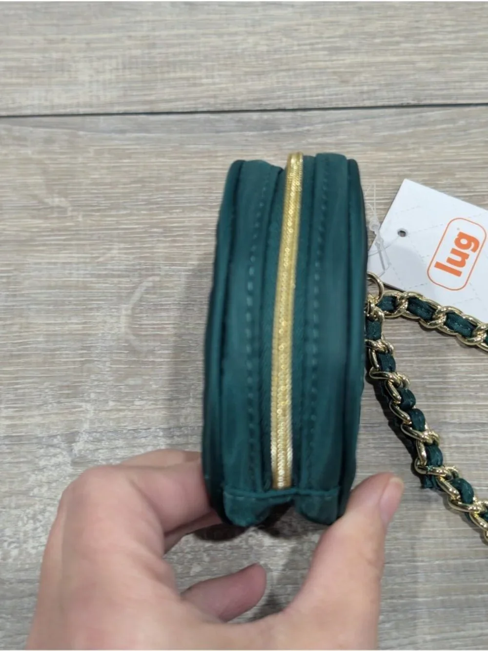 NWT Wicked X Lug Ozwheel Pouch With Embroidery Green Zip Around Gold Strap Bag